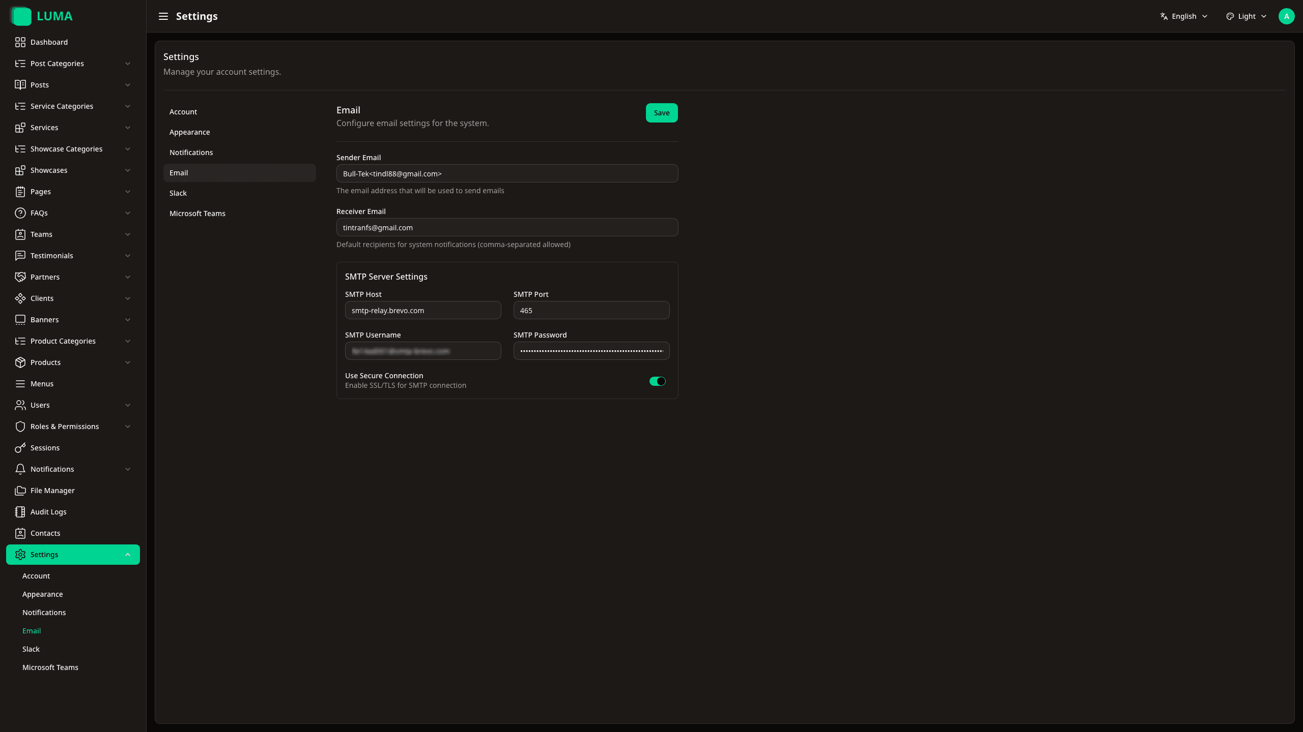 Email settings screen
